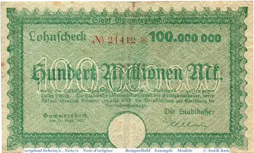 Banknote Gummersbach , 100 Millionen Mark Schein in gbr. Keller 2007.k , 15.09.1923 , Rheinland Großnotgeld Inflation