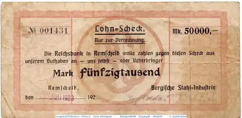 Banknote Remscheid , Stahl-Industrie 50.000 Mark Schein in gbr. Keller 4520.s , 18.07.1923 , Rheinland Großnotgeld Inflation