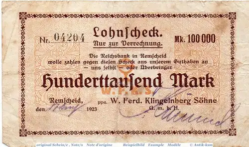 Banknote Remscheid , Klingelnberg 100.000 Mark Schein in gbr. Keller 4527.e , 17.08.1923 , Rheinland Großnotgeld Inflation