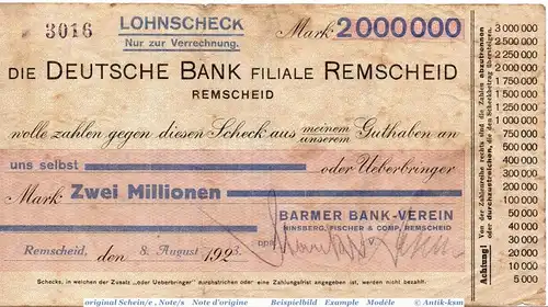 Banknote Remscheid , Barmer Bank 2 Millionen Mark Schein in gbr. Keller 4518.f , 08.08.1923 , Rheinland Großnotgeld Inflation