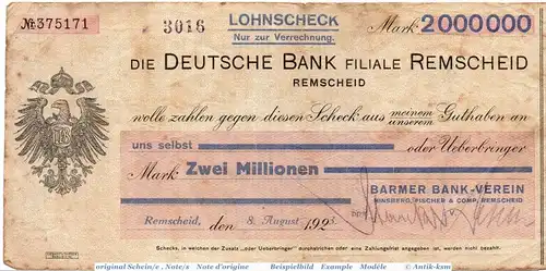 Banknote Remscheid , Barmer Bank 2 Millionen Mark Schein in gbr. Keller 4518.f , 08.08.1923 , Rheinland Großnotgeld Inflation