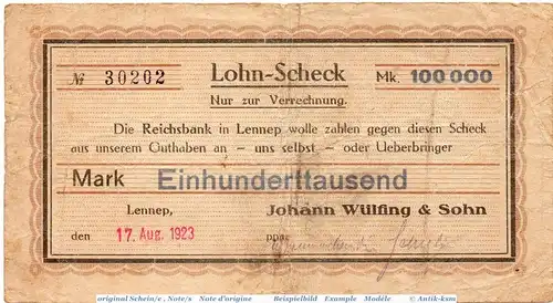 Banknote Lennep , Wülfing 100.000 Mark Schein in gbr. Keller 3214. , 17.08.1923 , Rheinland Großnotgeld Inflation