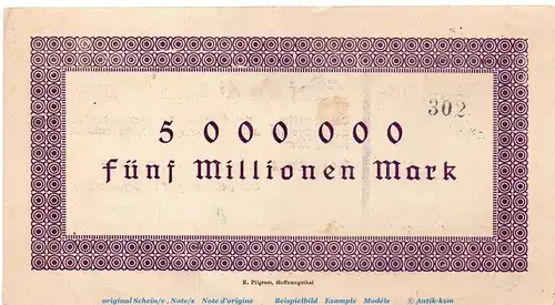 Banknote B. Amt Hoffnungsthal , 5 Millionen Mark Schein in kfr. Keller 2407. 20.08.1923 , Rheinland Großnotgeld Inflation
