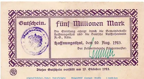 Banknote B. Amt Hoffnungsthal , 5 Millionen Mark Schein in kfr. Keller 2407. 20.08.1923 , Rheinland Großnotgeld Inflation