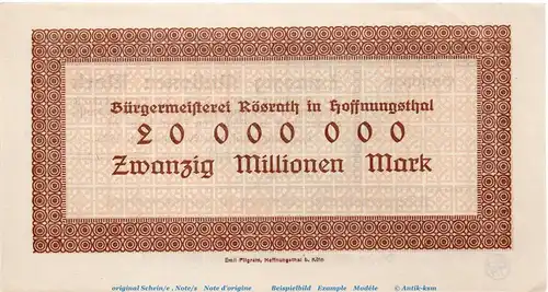 Banknote B. Amt Hoffnungsthal , 20 Millionen Mark Schein in kfr. Keller 2408.b , 20.09.1923 , Rheinland Großnotgeld Inflation