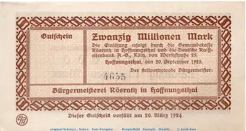 Banknote B. Amt Hoffnungsthal , 20 Millionen Mark Schein in kfr. Keller 2408.b , 20.09.1923 , Rheinland Großnotgeld Inflation