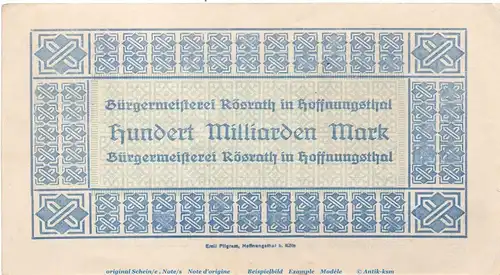Banknote B. Amt Hoffnungsthal , 100 Milliarden Mark Schein in f-kfr. Keller 2408.c , 20.09.1923 , Rheinland Großnotgeld Inflation