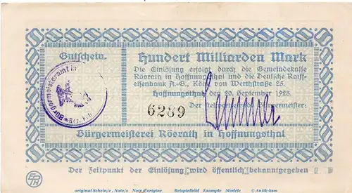 Banknote B. Amt Hoffnungsthal , 100 Milliarden Mark Schein in f-kfr. Keller 2408.c , 20.09.1923 , Rheinland Großnotgeld Inflation