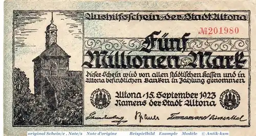 Banknote Altona , 5 Millionen Mark Schein in gbr. Keller 79.e , 15.09.1923 , Schleswig Holstein Großnotgeld Inflation