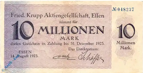 Notgeld Essen , Krupp , 10 Millionen Mark Schein gbr , Keller 1429 m , 14.08.1923 , Rheinland Großnotgeld