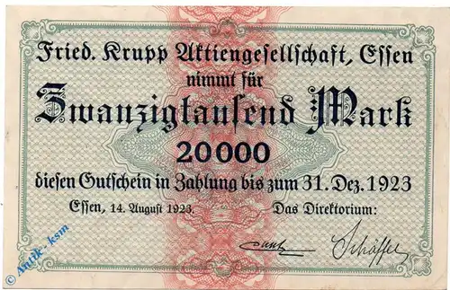 Notgeld Essen , Krupp , 20.000 Mark Schein grau gbr , Keller 1429 m1 , 14.08.1923 , Rheinland Großnotgeld