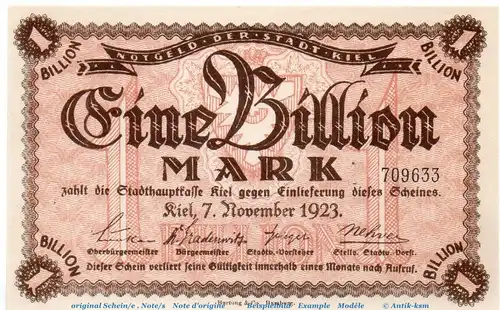 Banknote Stadt Kiel , 1 Billion Mark Schein in kfr. Keller 2614.u  von 1923 , Schleswig Holstein Inflation