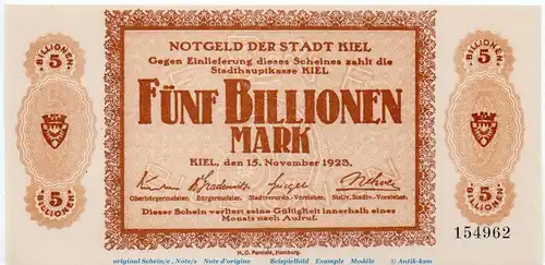 Banknote Stadt Kiel , 5 Billionen Mark Schein in kfr. Keller 2614.w  von 1923 , Schleswig Holstein Inflation