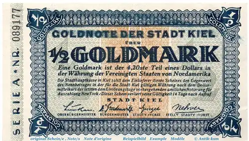 Banknote Stadt Kiel , 1 halbe Gold Mark Schein in kfr. Müller 2775.5  o.D. Schleswig Holstein Inflation