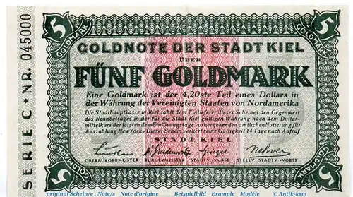 Banknote Stadt Kiel , 5 Gold Mark Schein in kfr. Müller 2775.8  o.D. Schleswig Holstein Inflation