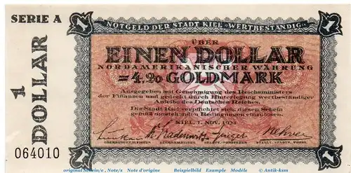 Banknote Stadt Kiel , 4,20 Gold Mark Schein in kfr. Müller 2775.4  o.D. Schleswig Holstein Inflation