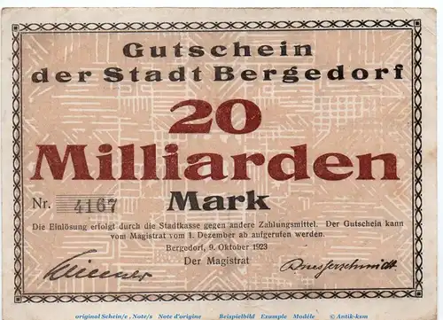 Banknote Stadt Bergedorf , 20 Milliarden Mark Schein in gbr. Keller 315.g , von 1923 , Hamburg Großnotgeld Inflation
