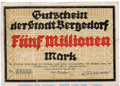Banknote Stadt Bergedorf , 5 Millionen Mark Schein in gbr. Keller 315.e , von 1923 , Hamburg Großnotgeld Inflation