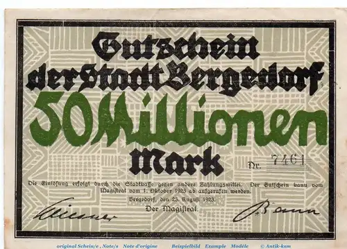 Banknote Stadt Bergedorf , 50 Millionen Mark Schein in L-gbr. Keller 315.e , von 1923 , Hamburg Großnotgeld Inflation
