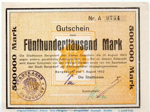 Banknote Stadt Bergedorf , 500.000 Mark Schein in kfr. Keller 315.a,b , von 1923 , Hamburg Großnotgeld Inflation