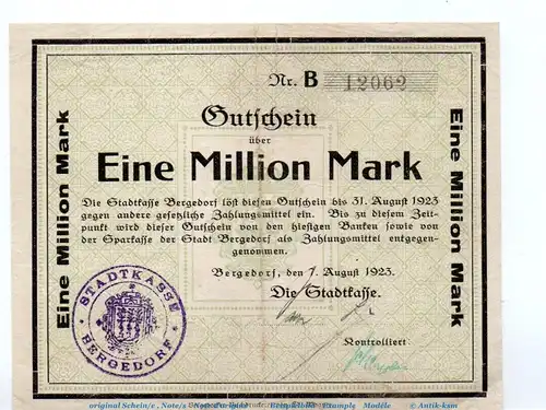 Banknote Stadt Bergedorf , 1 Million Mark Schein in gbr. Keller 315.a , von 1923 , Hamburg Großnotgeld Inflation