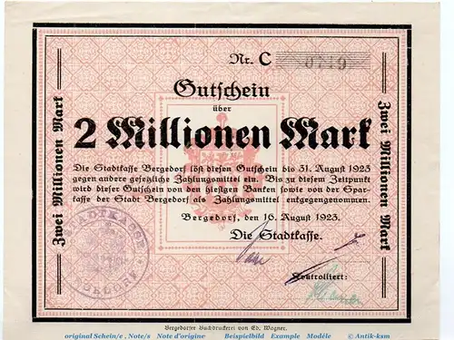 Banknote Stadt Bergedorf , 2 Millionen Mark Schein in kfr. Keller 315.d , von 1923 , Hamburg Großnotgeld Inflation