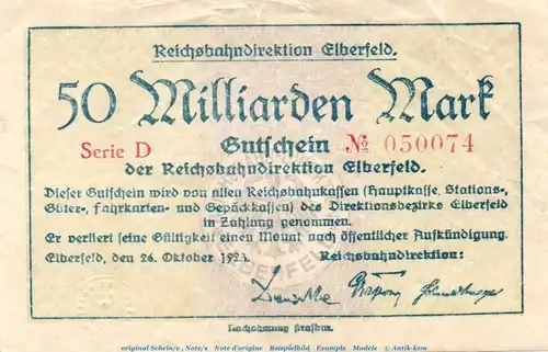 Banknote Reichsbahn Elberfeld , 50 Milliarden Mark Schein in gbr. Keller 1312.L von 1923 , Rheinland Inflation