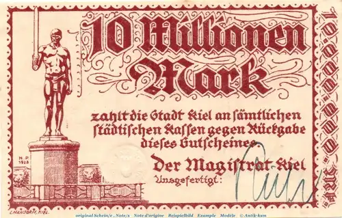 Banknote Stadt Kiel , 10 Millionen Mark Schein in f-kfr. Keller 2614.f , von 1923 , Schleswig Holstein Inflation