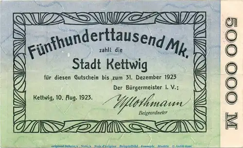 Banknote Stadt Kettwig , 500.000 Mark Schein in L-gbr. Keller 2611.b , von 1923 , Rheinland Inflation