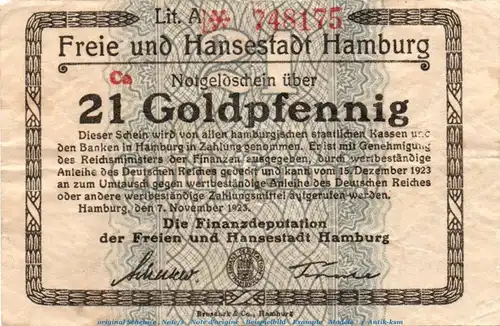 Notgeld Finanzdeputation Hamburg , 21 Goldpfennig Schein in gbr. Müller 2310.1.d-e , von 1923 , Hamburg Wertbeständig