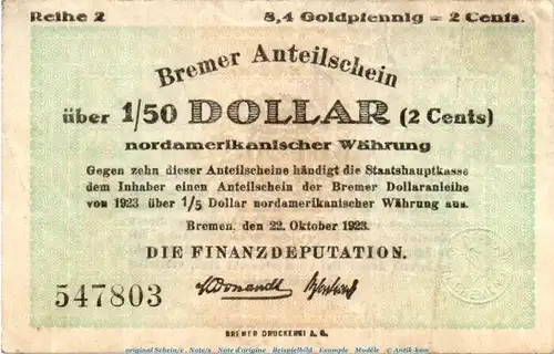 Banknote Finanzdeputation Bremen , 150 Dollar Schein in gbr. Müller 0535.3 , von 1923 , Niedersachsen Inflation