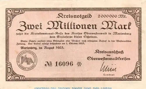 Banknote Oberwesterwald, Marienberg , 2 Millionen Mark Schein in gbr. Keller 4074.a , von 1923 , Hessen Inflation