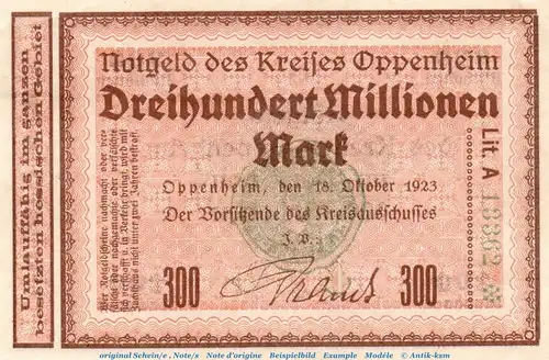 Banknote Kreis Oppenheim , 300 Millionen Mark Schein in kfr. Keller 4190.d von 1923 , Hessen Inflation