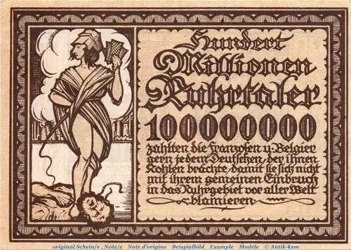 Banknote Stadt Essen , 100 Millionen Mark Propagandaschein in kfr. Keller .... Ohne Datum , Ruhrgebiet Inflation