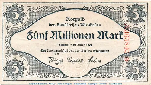 Banknote Landkreis Wiesbaden , 5 Millionen Mark Schein in gbr. Keller 5613.a von 1923 , Hessen Inflation
