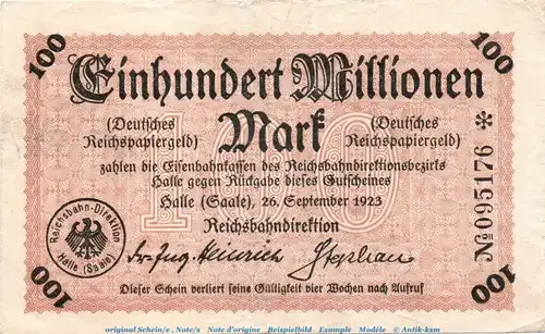 Banknote Reichsbahn Halle , 100 Millionen Mark Schein in gbr. Keller 2095.b von 1923 , Sachsen Anhalt Inflation