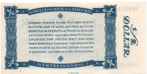 Banknote Stadt Kiel , 2,10 Gold Mark Schein in kfr. Müller 2775.3 von 1923 Schleswig Holstein Inflation