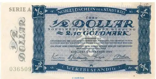 Banknote Stadt Kiel , 2,10 Gold Mark Schein in kfr. Müller 2775.3 von 1923 Schleswig Holstein Inflation