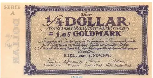 Banknote Stadt Kiel , 1,05 Gold Mark Musterschein in kfr. Müller 2775.2 von 1923 Schleswig Holstein Inflation