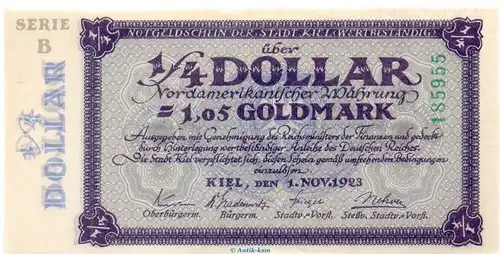 Banknote Stadt Kiel , 1,05 Gold Mark Serie B in kfr. Müller 2775.2.b von 1923 Schleswig Holstein Inflation