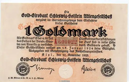 Banknote Gold Girobank Kiel , 1 Goldmark Schein in kfr. Müller 2790.3 von 1923 Schleswig Holstein Inflation