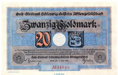 Banknote Gold Girobank Kiel , 20 Goldmark Schein in kfr. Müller 2790.11 von 1924 Schleswig Holstein Inflation