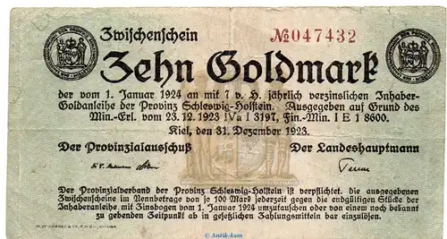 Banknote Provinzialausschuss Kiel , 10 Goldmark Schein in gbr. Müller 2780.2 von 1923 Schleswig Holstein Inflation