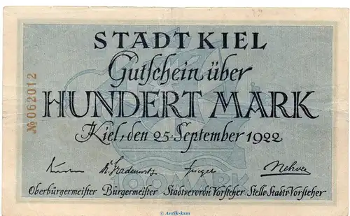 Banknote Stadt Kiel , 100 Mark Schein in gbr. Müller 2295.1-2 von 1922 Schleswig Holstein Großnotgeld