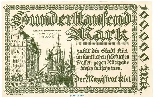 Banknote Stadt Kiel , 100.000 Mark Winterwellen in gbr. Keller 2614.a o.D. Schleswig Holstein Großnotgeld Inflation