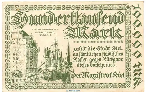 Banknote Stadt Kiel , 100.000 Mark Schein in gbr. Keller 2614.b  o.D. Schleswig Holstein Großnotgeld Inflation