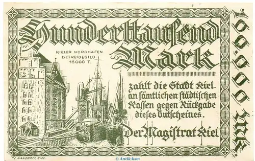Banknote Stadt Kiel , 100.000 Mark Schein in kfr. Keller 2614.b  o.D. Schleswig Holstein Großnotgeld Inflation