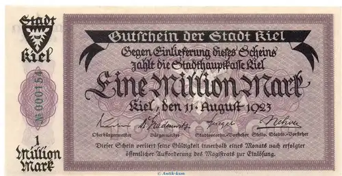 Banknote Stadt Kiel , 1 Million Mark Schein in kfr. Keller 2614.d von 1923 , Schleswig Holstein Großnotgeld Inflation