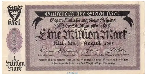 Banknote Stadt Kiel , 1 Million Mark Schein in L-gbr. Keller 2614.d von 1923 , Schleswig Holstein Großnotgeld Inflation