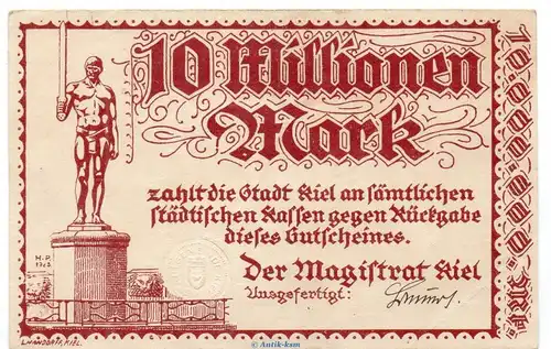 Banknote Stadt Kiel , 10 Millionen Mark Schein in L-gbr. Keller 2614.f o.D. Schleswig Holstein Großnotgeld Inflation